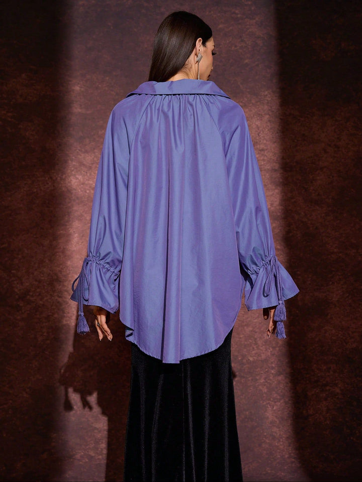 Plissiertes Oberteil mit ausgestellten Ärmeln und Maxirock-Set mit Taillengürtel – Rosiny 