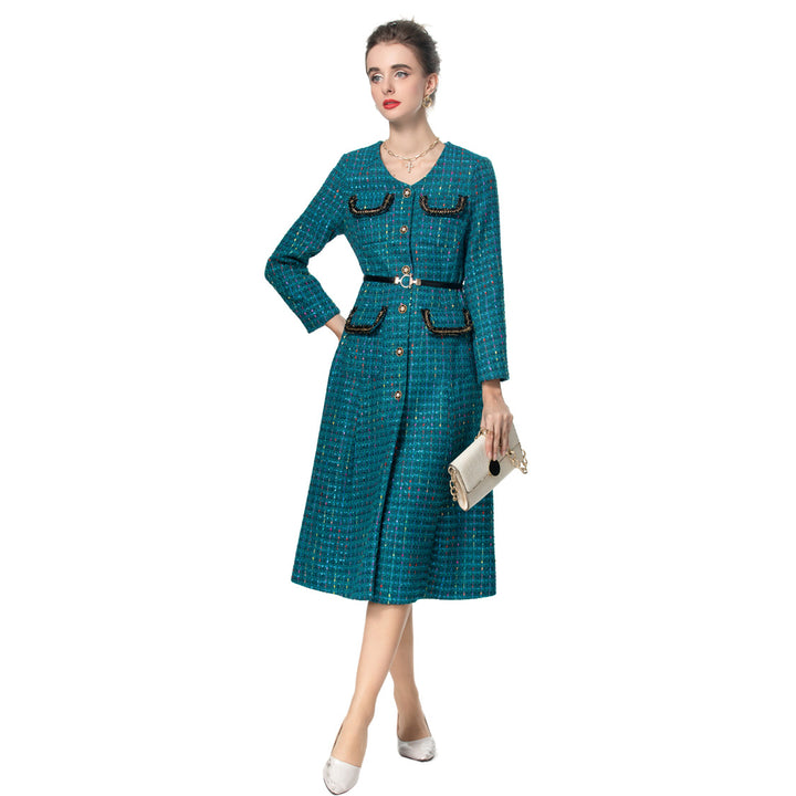 long-sleeve tweed midi dress with contrast trim – MARISEL
