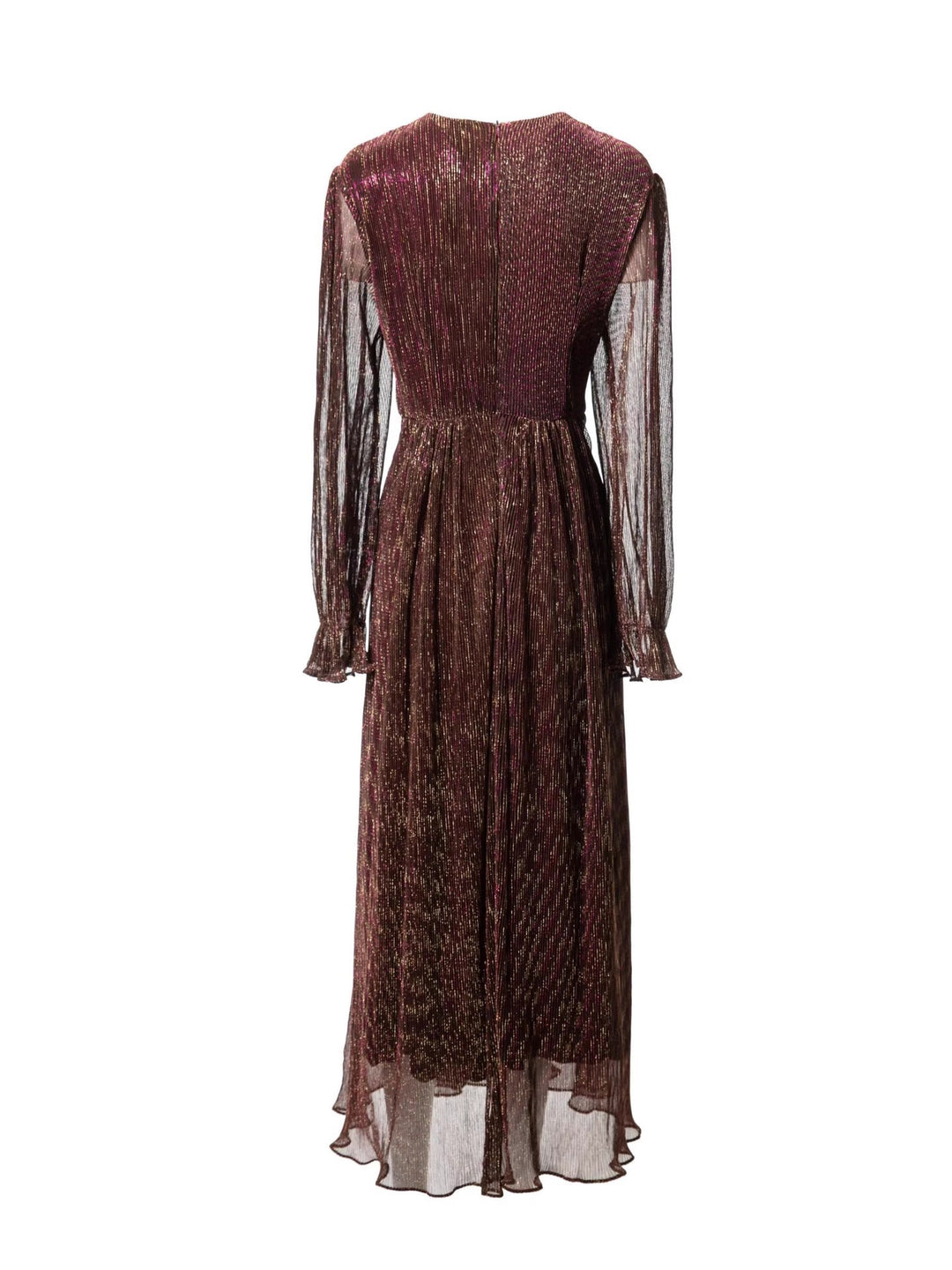 metallic pleated chiffon dress with wrap waist – ADELIA