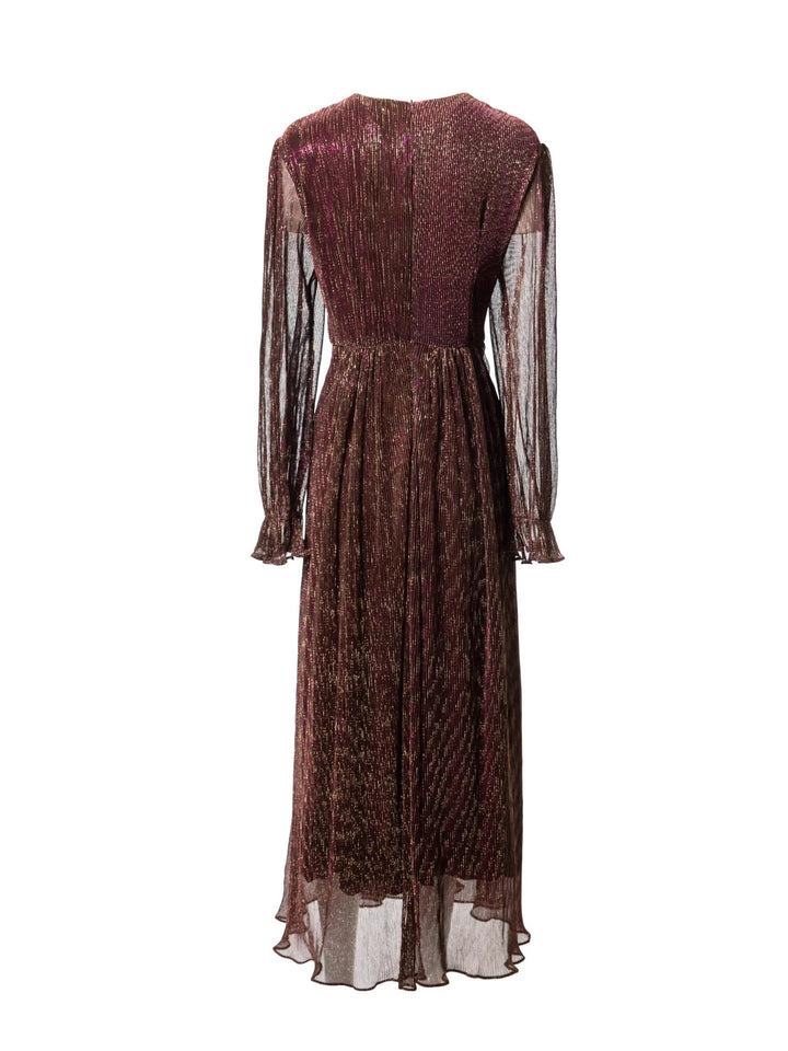 metallic pleated chiffon dress with wrap waist – ADELIA