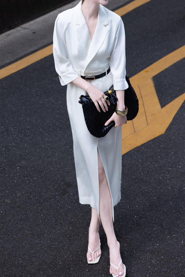 tailored wrap shirt-dress with front slit – VELINA