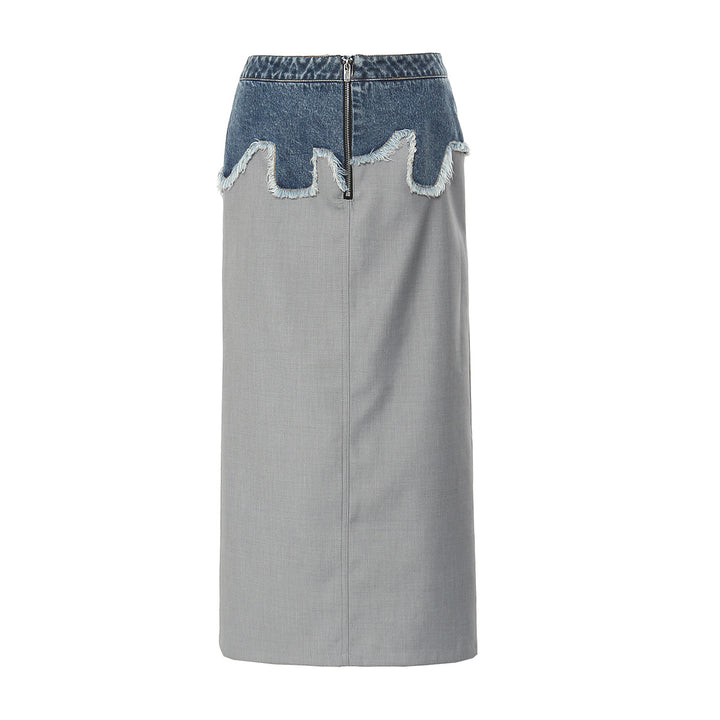 High-waist midi skirt with denim panel and raw-edge detail – DENYRA