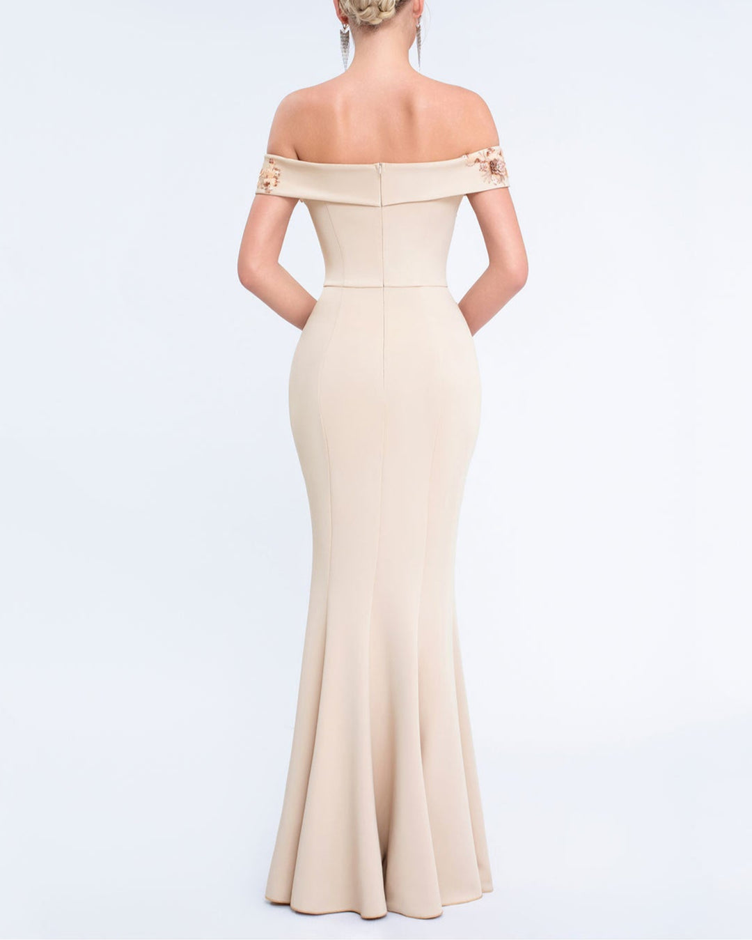 off-shoulder gown with floral appliqué and side ruffle – SERENATJI