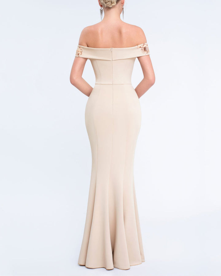 off-shoulder gown with floral appliqué and side ruffle – SERENATJI