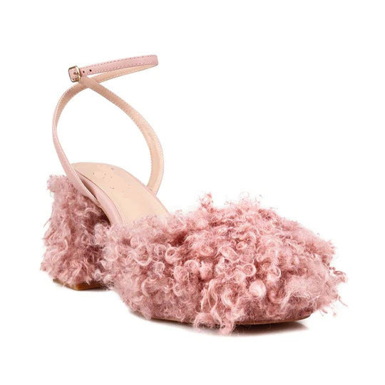 curly faux fur block heels with ankle strap – BELLARIA