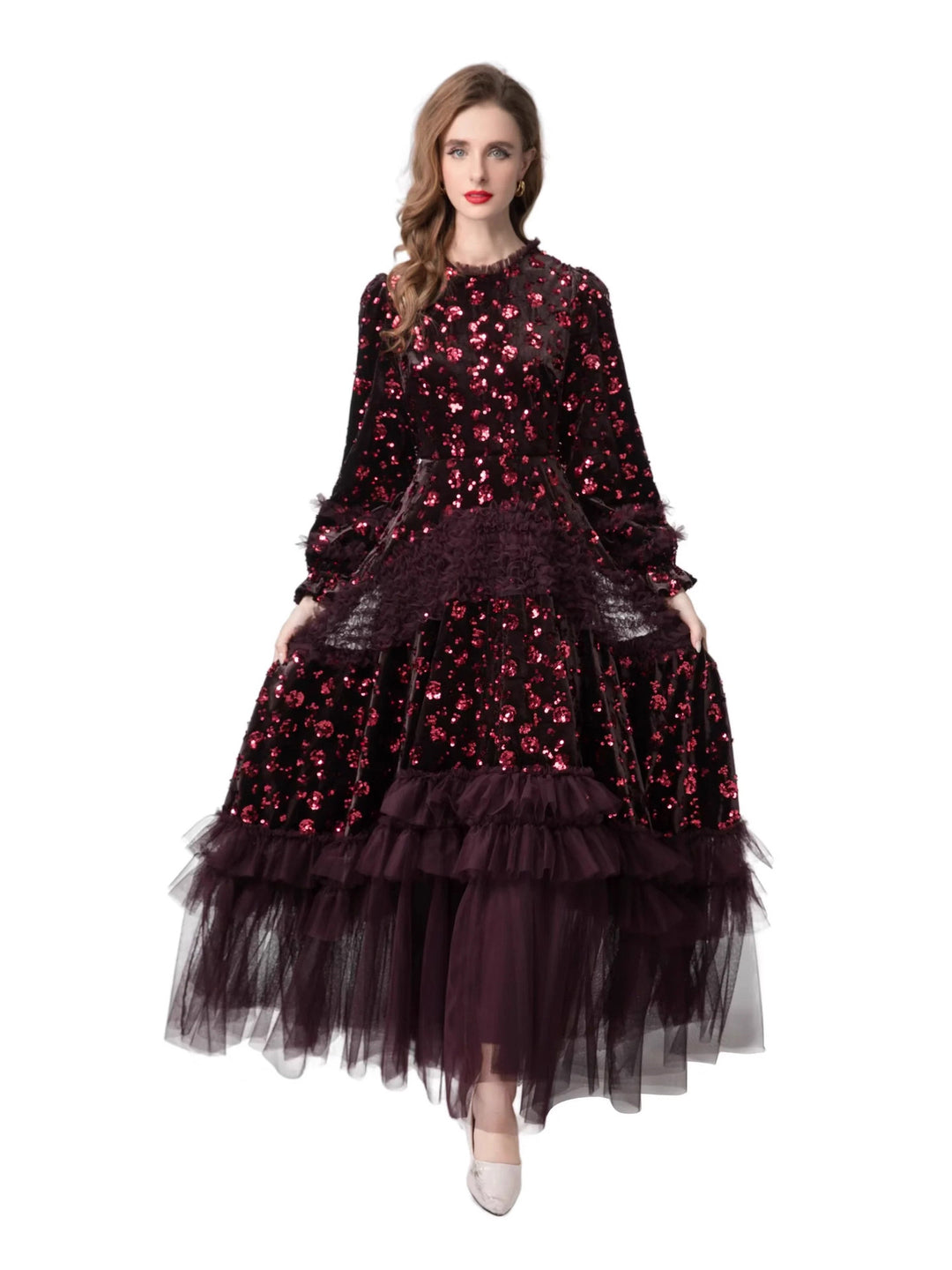 velvet sequin gown with layered tulle hem – MARCELLINA