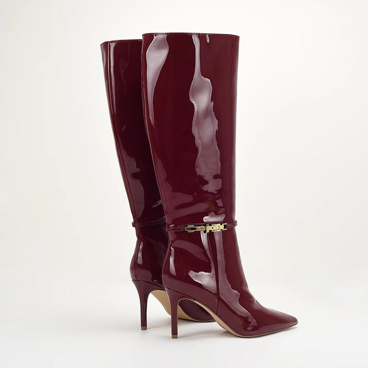 patent leather knee-high boots with gold buckle – VERA