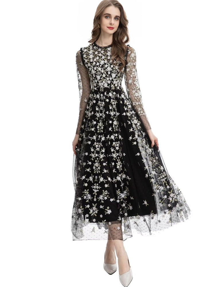 embroidered tulle midi gown with long sleeves – ORYVLA