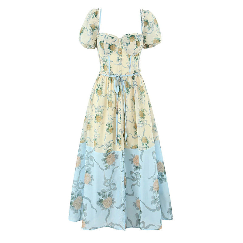 puff-sleeve corset dress with layered floral skirt – AKIALZU