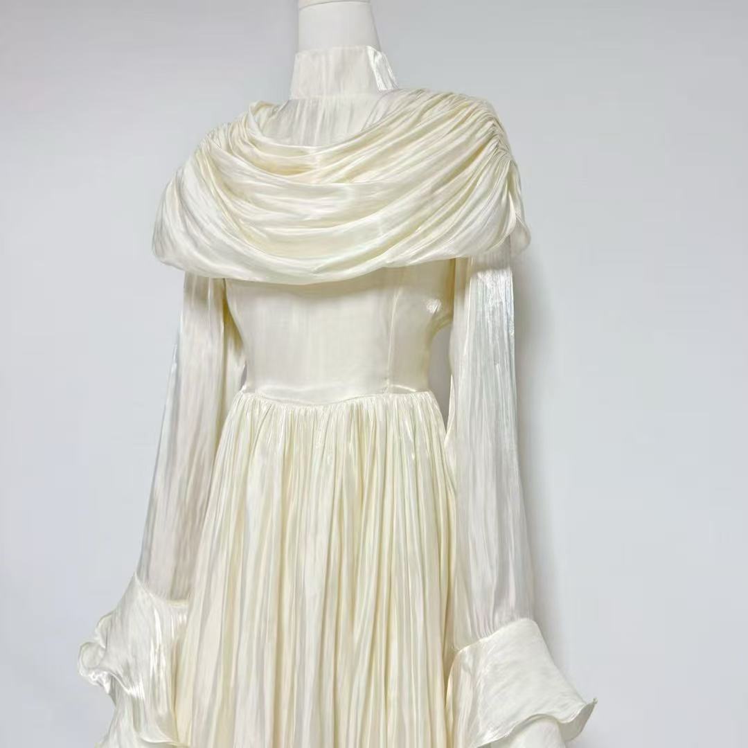 draped satin midi dress with ruffled sleeves – ROSALINE