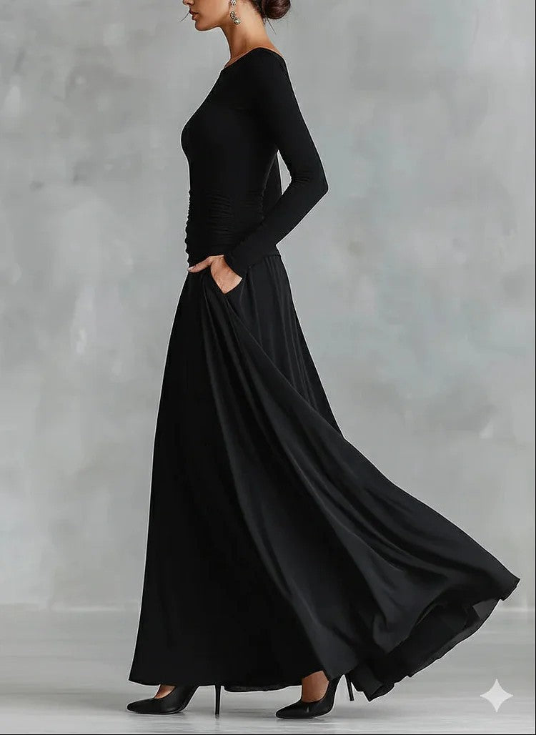 ruched waist long-sleeve flowing maxi dress – NOCTURNE