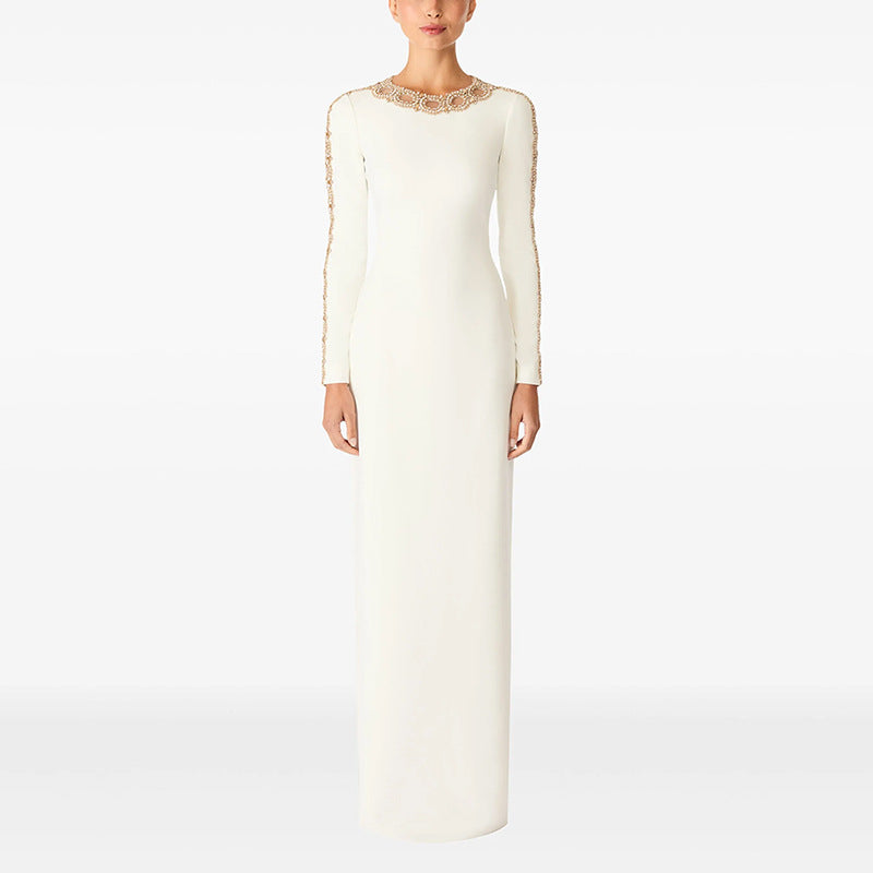 long-sleeve column dress with embellished neckline – AUREANU