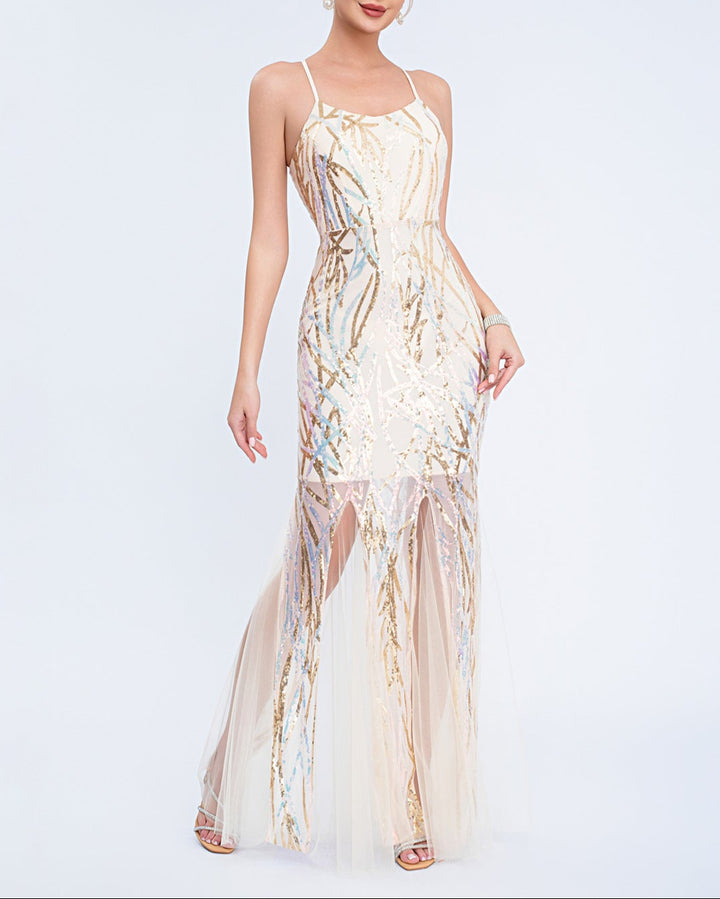 فستان بدون أكمام مزين بالترتر مع حافة من التول الشفاف – سيليستينا