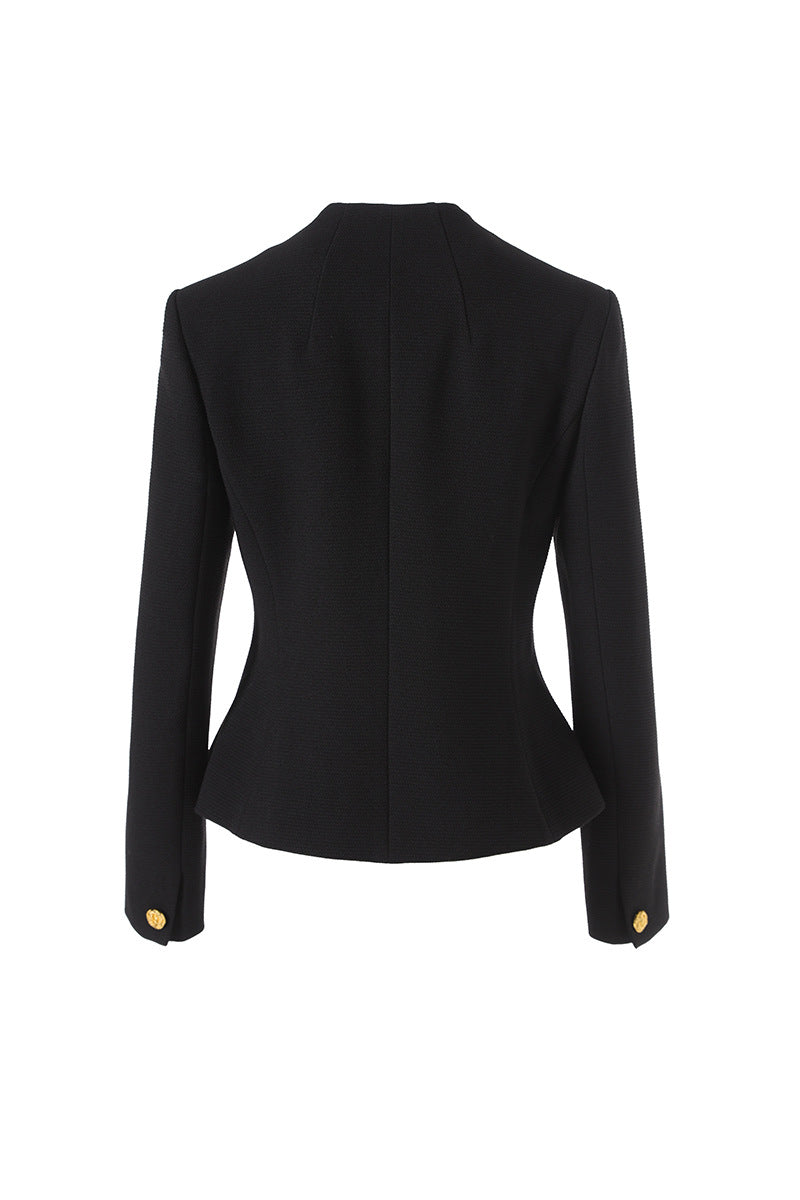 Tailored collarless blazer with gold buttons – AURELIA