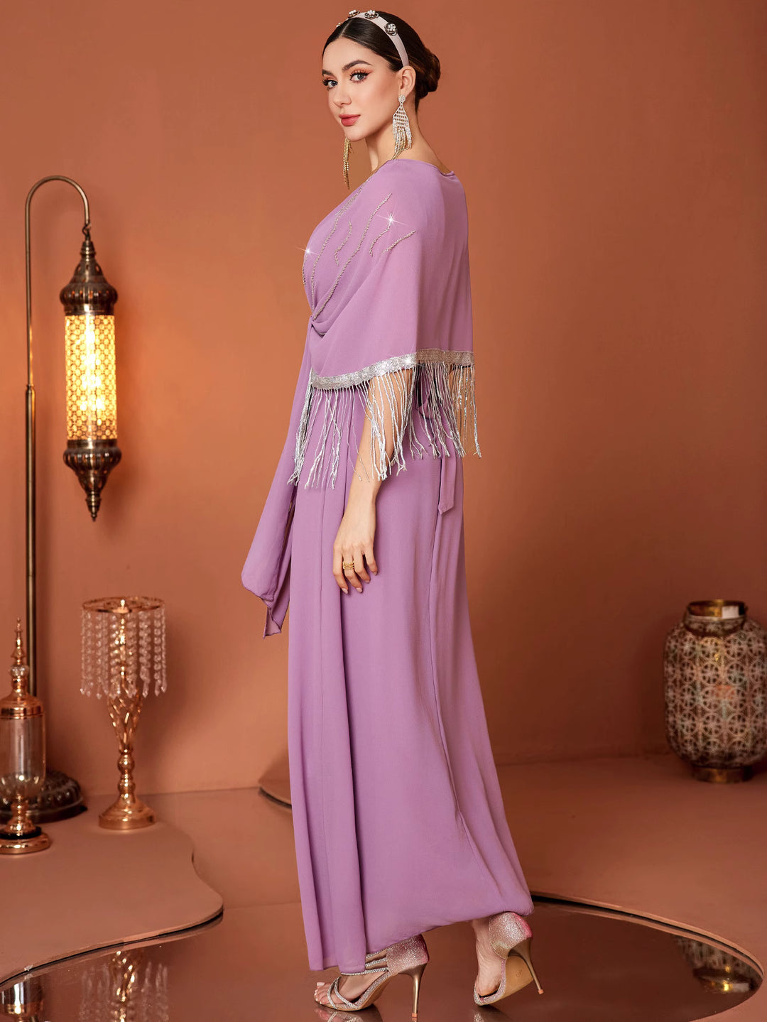 sleeveless column dress with draped fringe cape - AMIXUNA