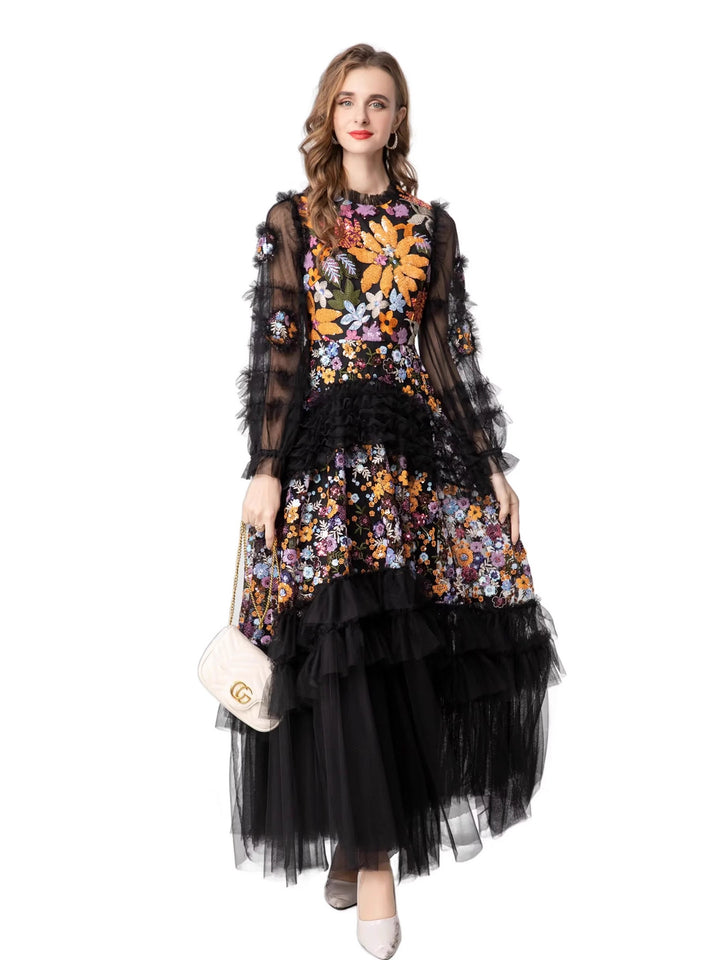 floral embroidered gown with tiered tulle skirt – LAVINIA