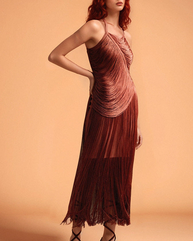 pleated halter fringe gown – SIERRA