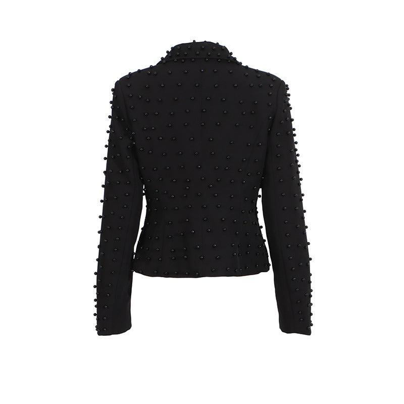 cropped black jacket with pearl stud embellishment – PEARLÉ