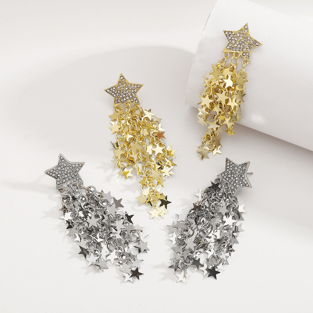 cascading star drop earrings with rhinestone studs - NOVAZILU