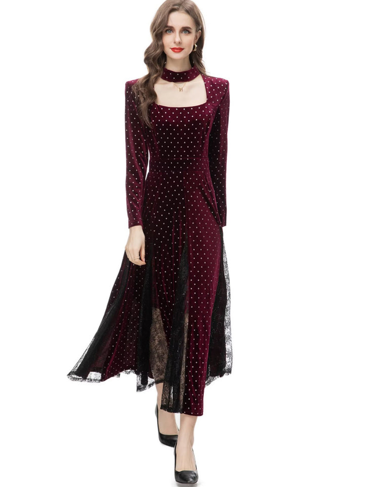 velvet polka dot gown with choker neckline and embellished belt – STELLAR