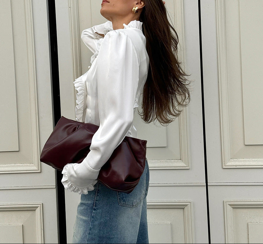 asymmetrical ruffle-front satin blouse – REGALIA