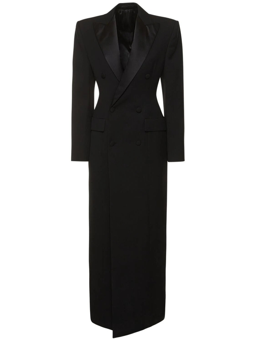 satin-lapel double-breasted long blazer dress – NOCTURNE