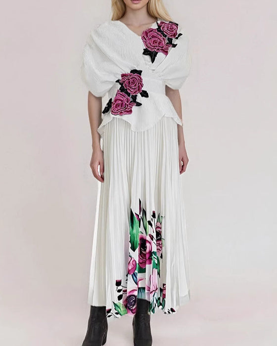 puff sleeve pleated gown with floral appliqué – ROSABELLEZ