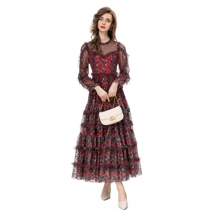 floral mesh tiered gown with sheer sleeves – VIVIENNE