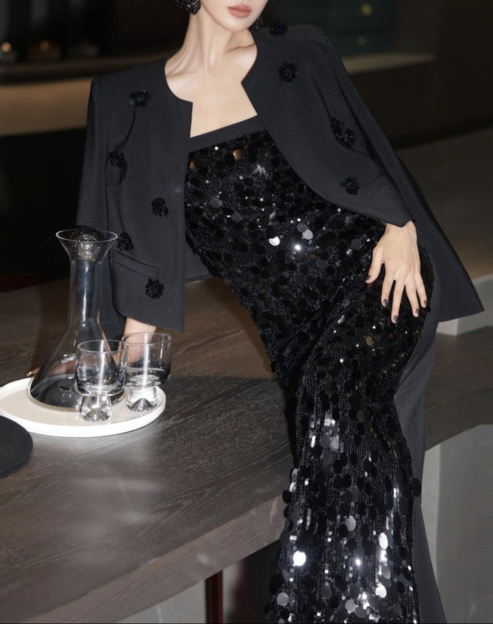 sleeveless sequin column dress with embellished cropped blazer – AURORA