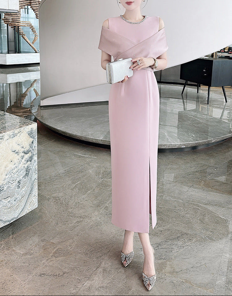 cold-shoulder column dress with satin drape – RUBINA