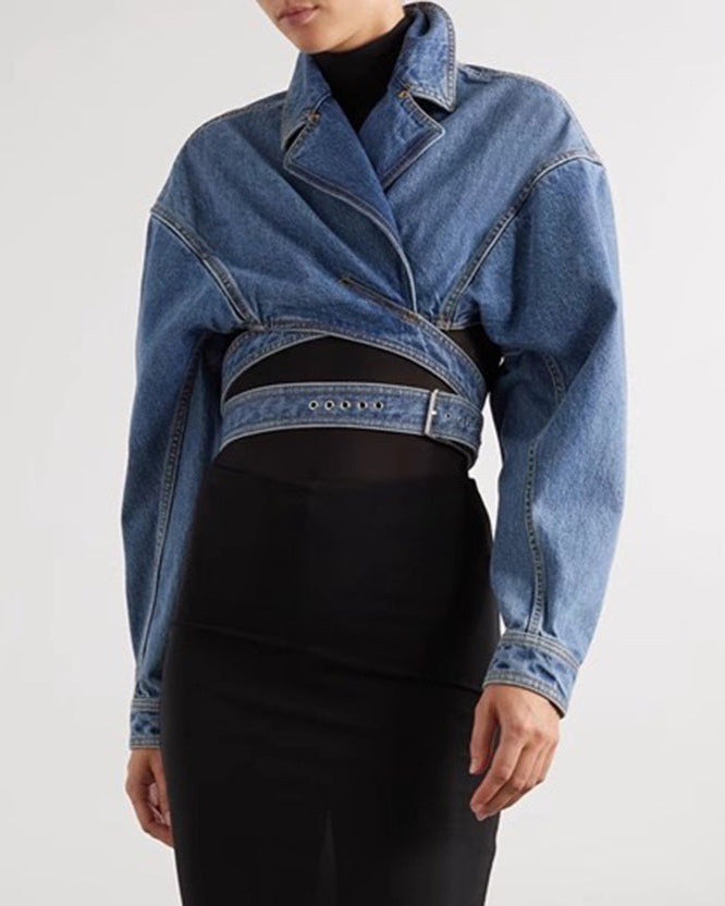 جاكيت جينز قصير غير متماثل مع حزام - راكسين