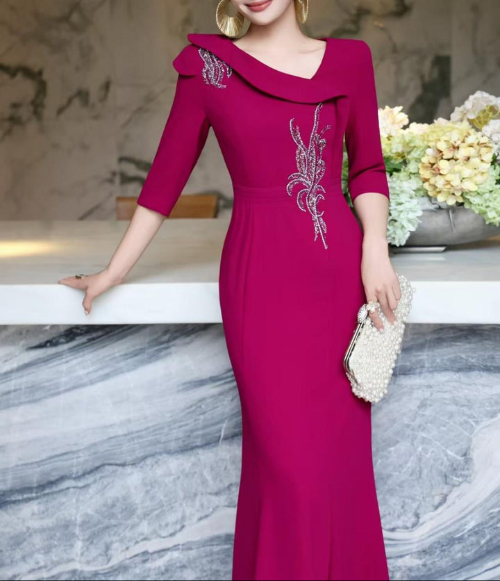 embellished draped-collar mermaid dress – ROYAL FUCHSIA