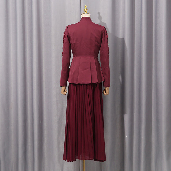 Plissiertes Oberteil mit ausgestellten Ärmeln und Maxirock-Set mit Taillengürtel – Rosiny 