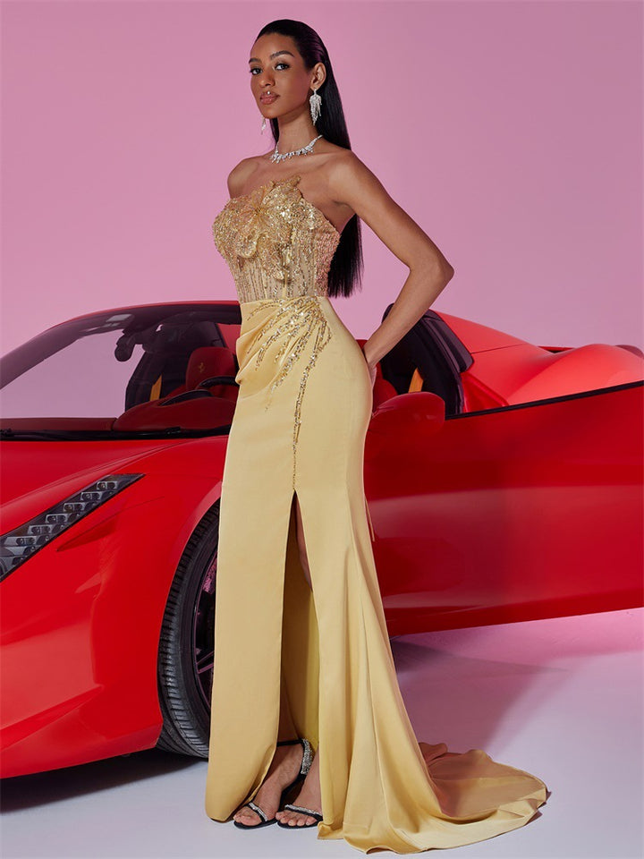 strapless satin gown with embellished bodice – AURELIA
