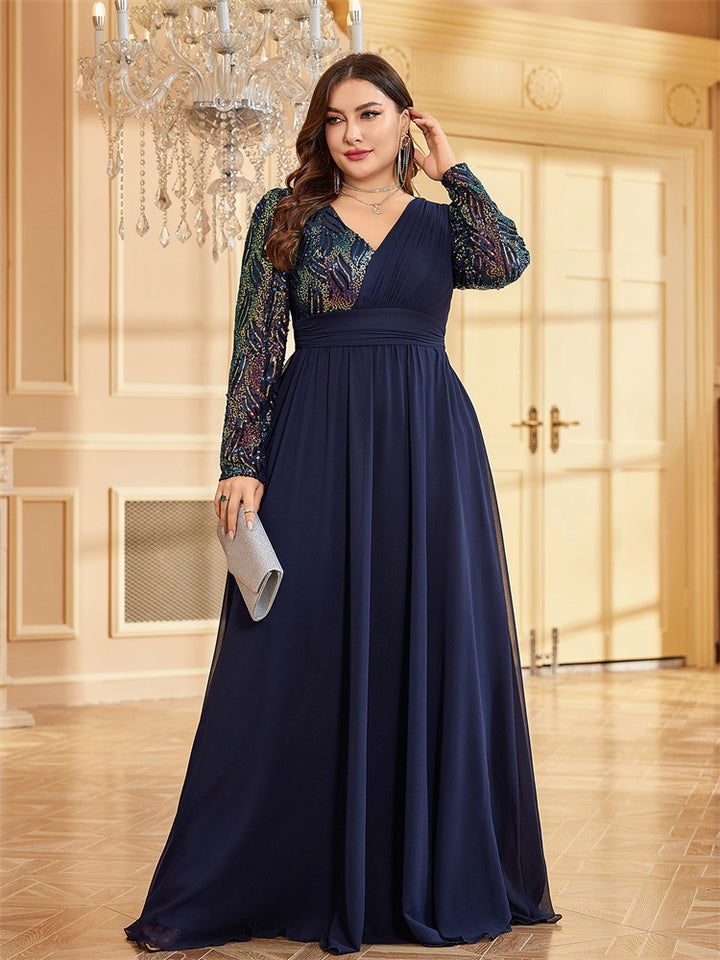 chiffon evening gown with sequin long sleeves – ADELIA