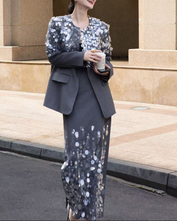 blazer skirt set with silver sequin gradient – NOVA