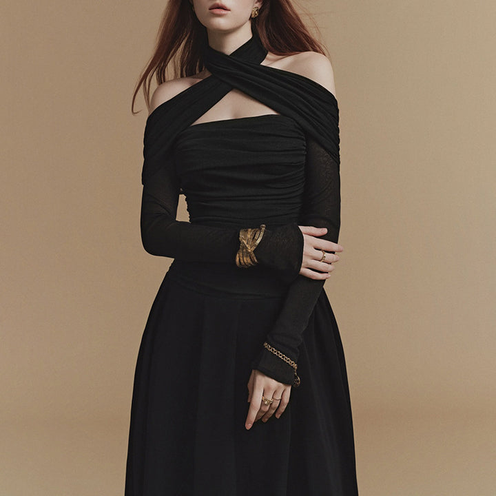 Plissiertes Oberteil mit ausgestellten Ärmeln und Maxirock-Set mit Taillengürtel – Rosiny 