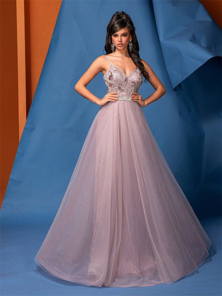 فستان تول بأشرطة رفيعة مع صدّار مطرز - لافندر ميست