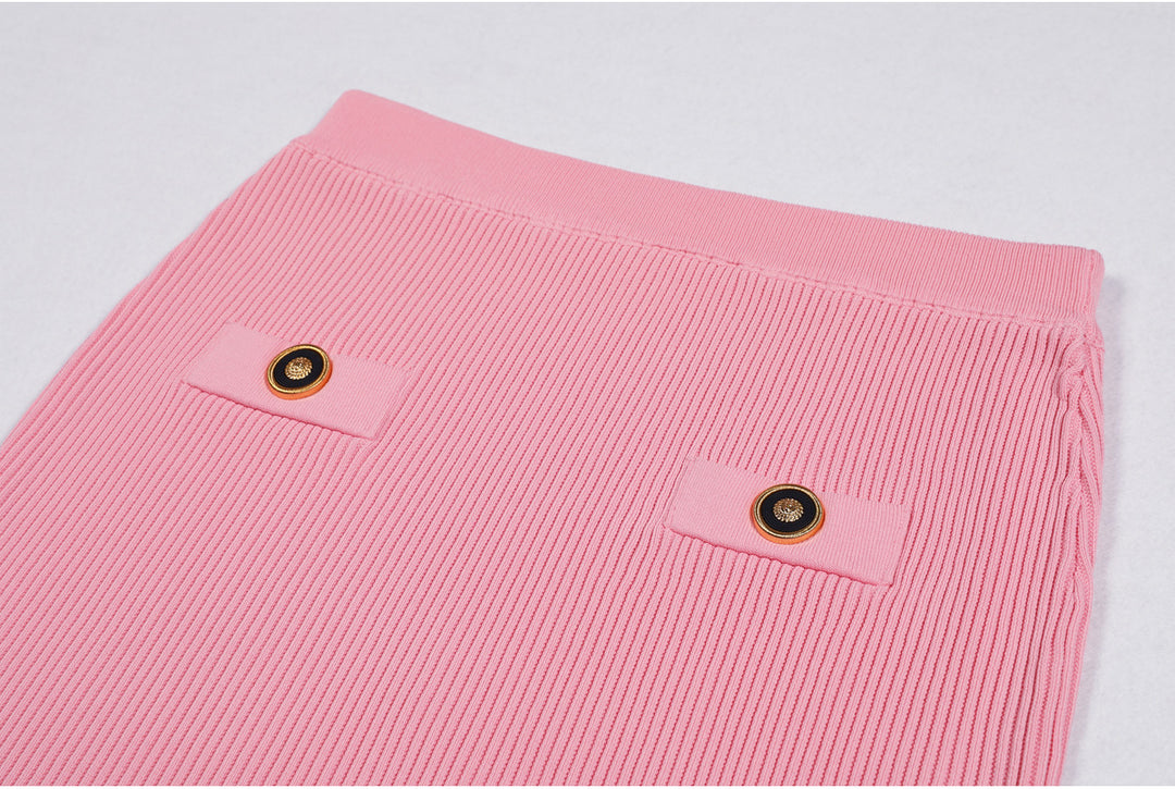 ribbed knit skirt set with gold button detail - AURELIAMI