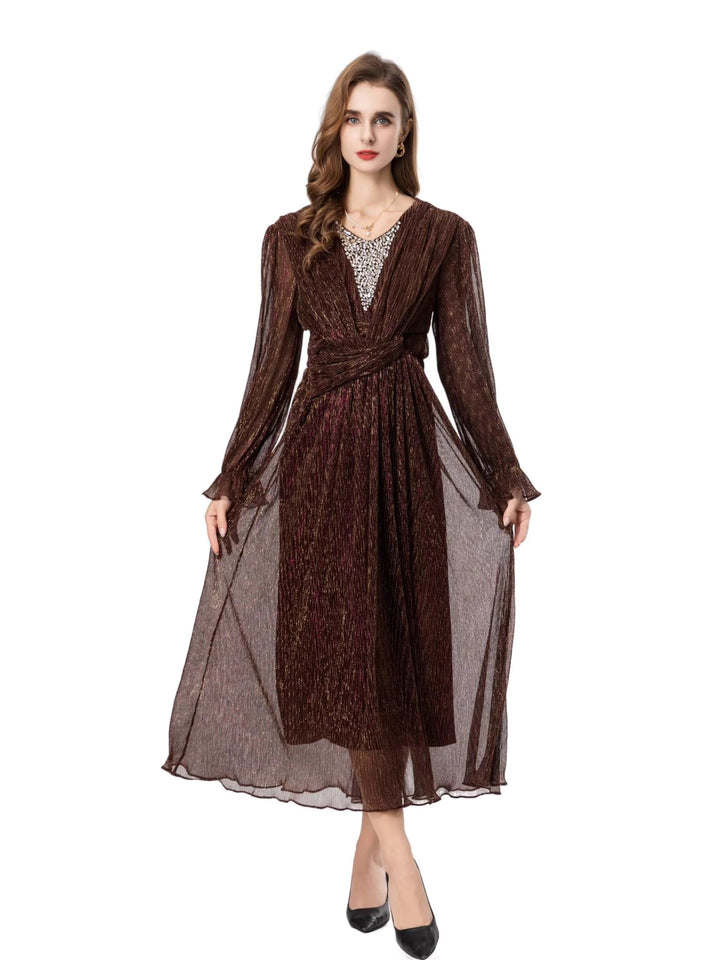 metallic pleated chiffon dress with wrap waist – ADELIA