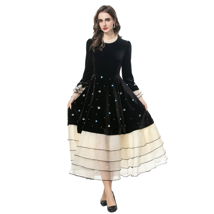 velvet gown with pearl embellishments and layered hem – LUMIÈRE
