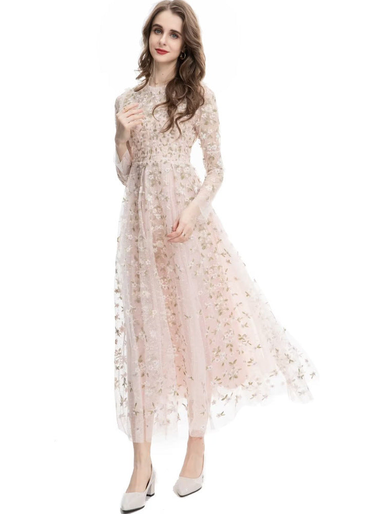 embroidered tulle midi gown with long sleeves – ORYVLA