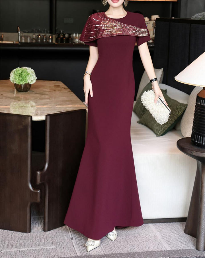 embellished draped shoulder gown – MARCELLIA