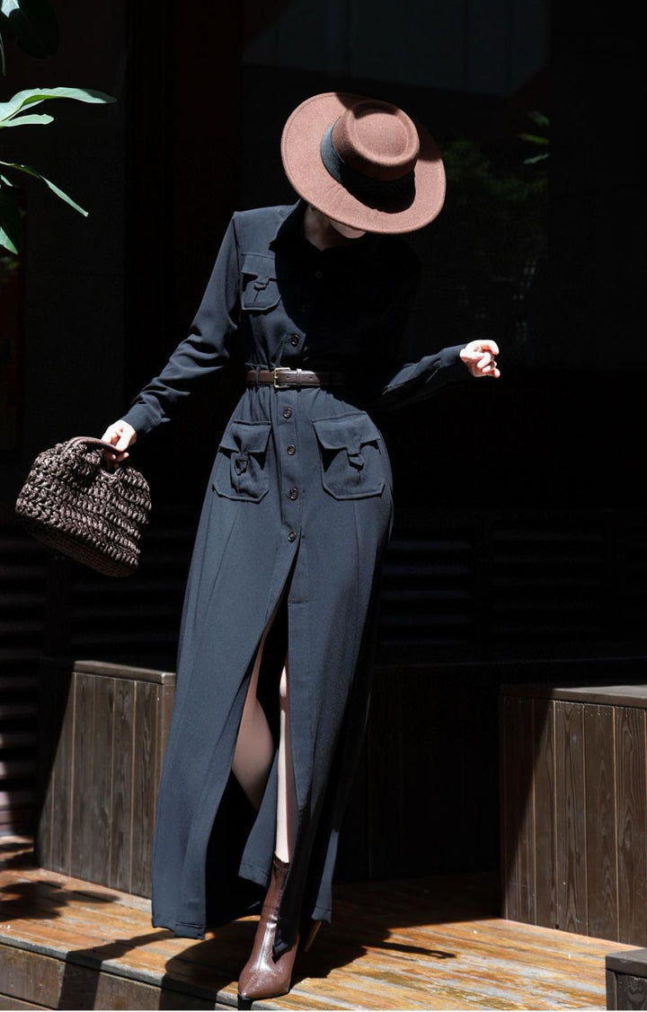 فستان عسكري ماكسي بأزرار وخصر بحزام – قيادة نوير