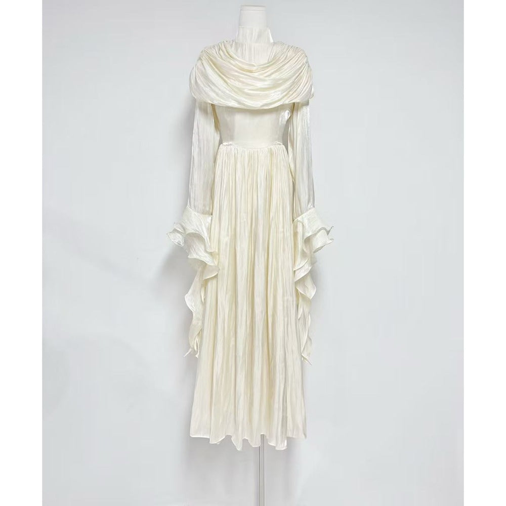 draped satin midi dress with ruffled sleeves – ROSALINE