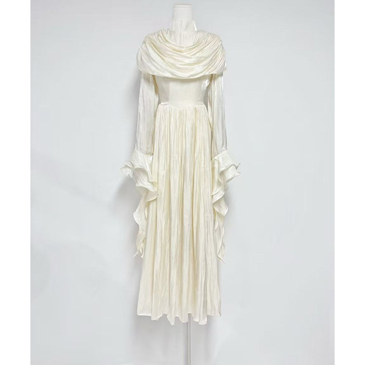 draped satin midi dress with ruffled sleeves – ROSALINE