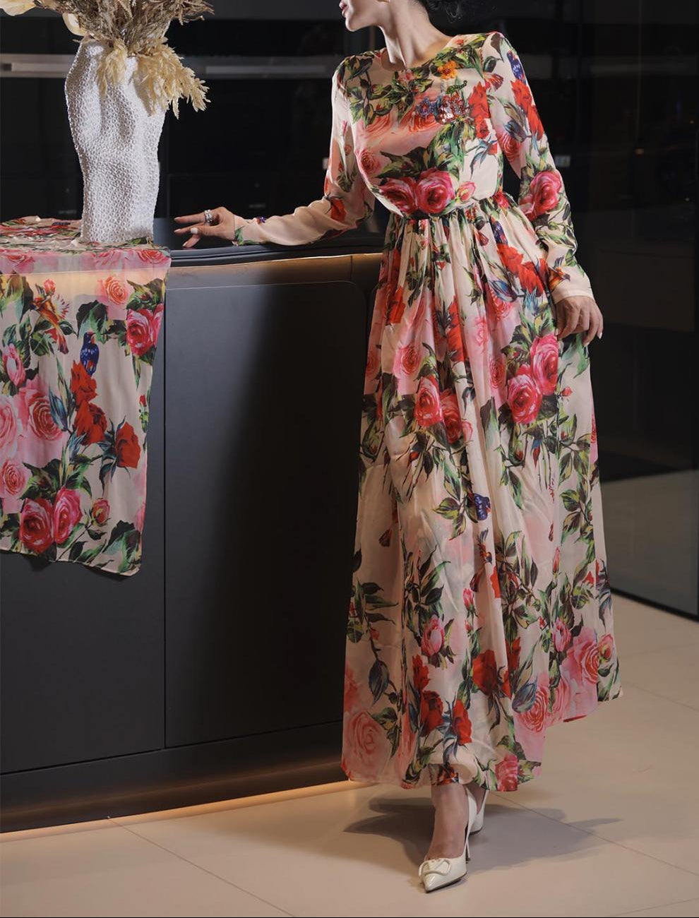 long-sleeve floral chiffon gown with pleated skirt – AMORA