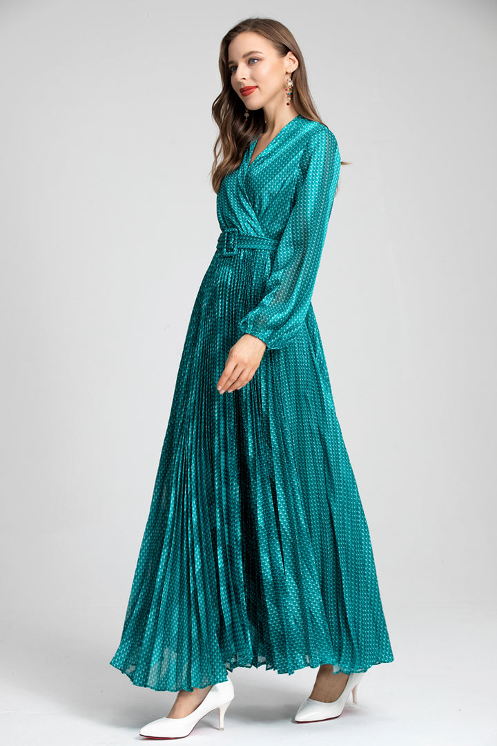 Red Metallic Pleated Wrap Dress – Ruby