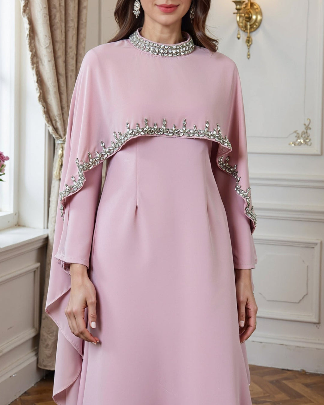 long-sleeve flare dress with embellished cape – AMARAIL