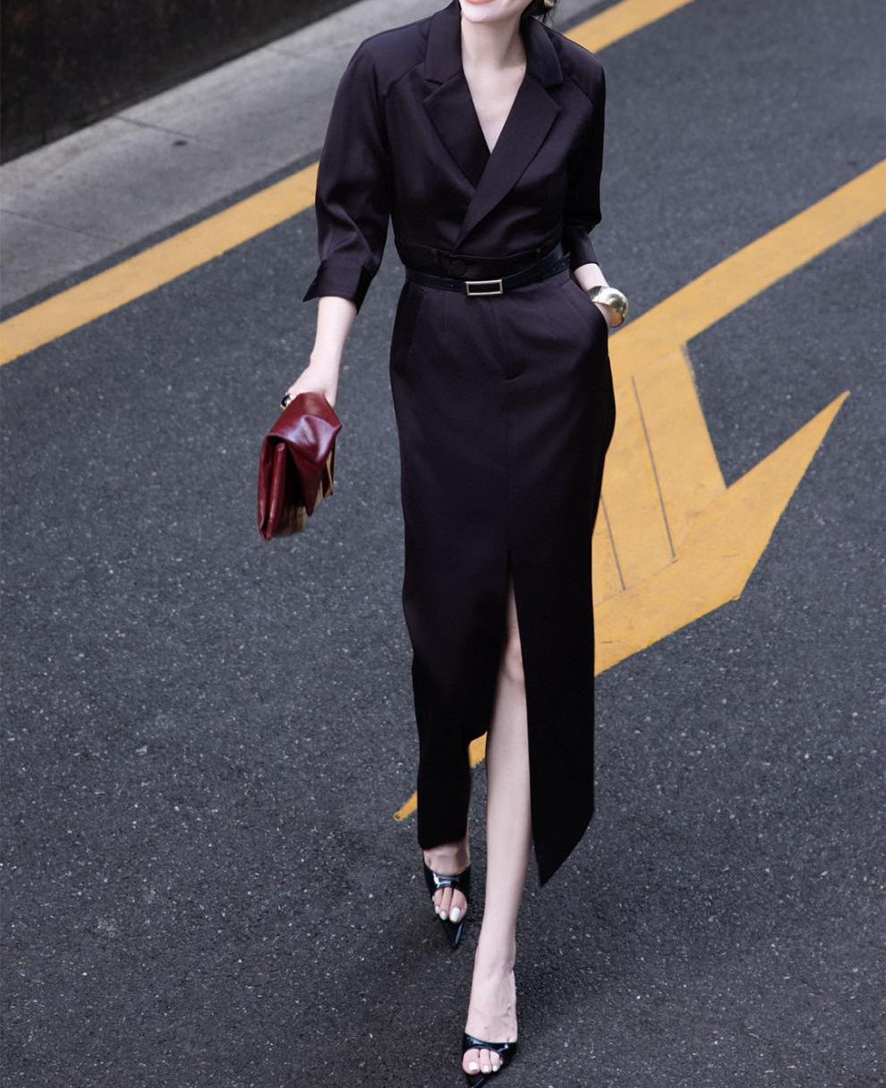 tailored wrap shirt-dress with front slit – VELINA